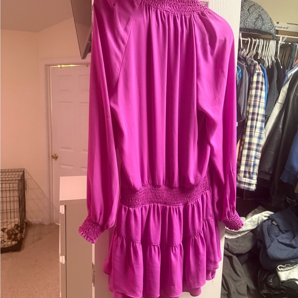 Smocked-Waist Hot Pink Long-Sleeve Tiered Mini Dress - Picture 4 of 4